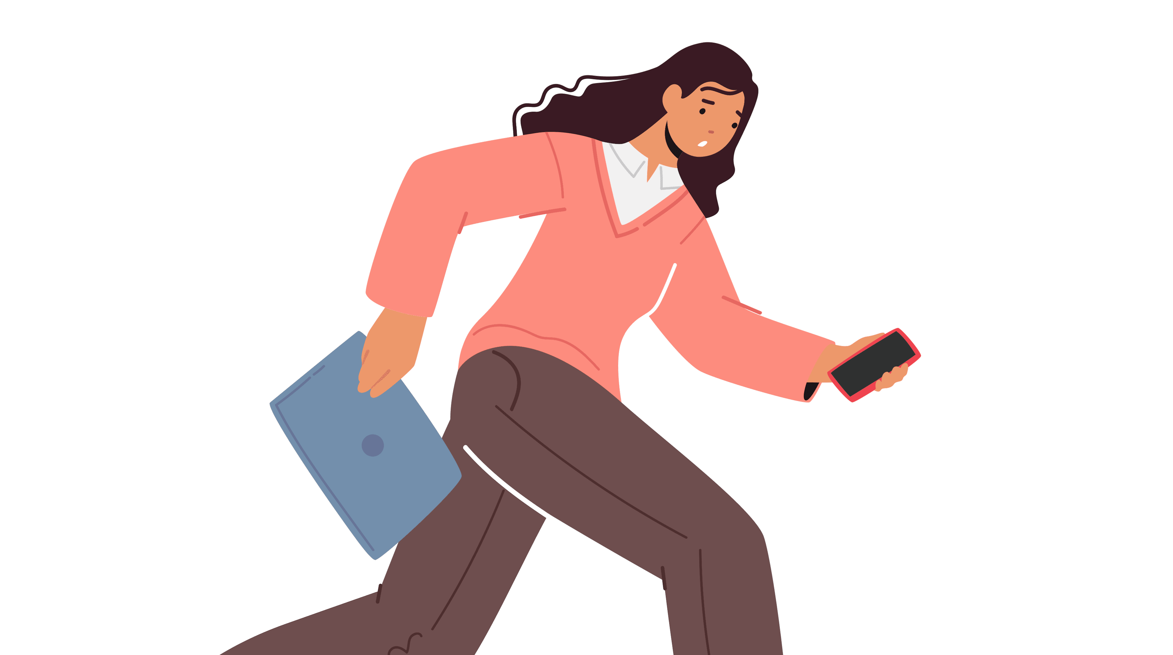 An illustration of a person running while holding a laptop and mobile phone and looking a bit worried.