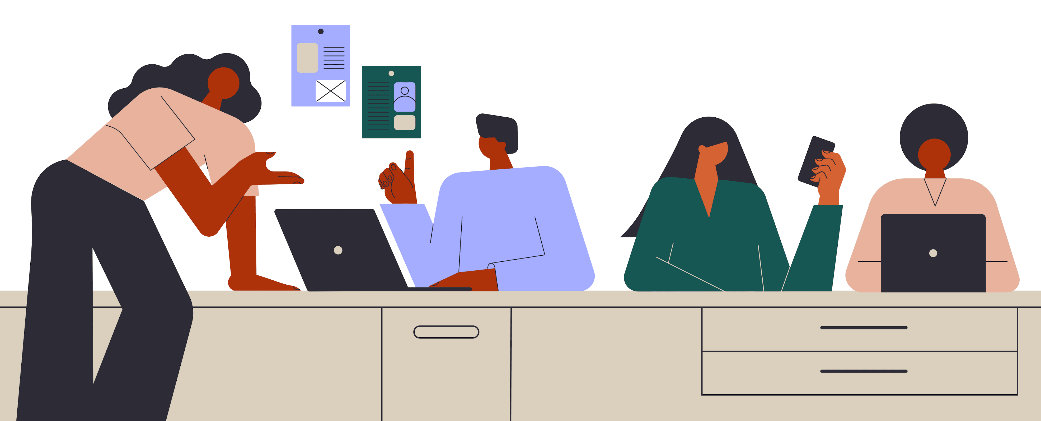 sanja-djordjevic-unsplash_team Illustration of a team at work. Four people are talking and using computers.